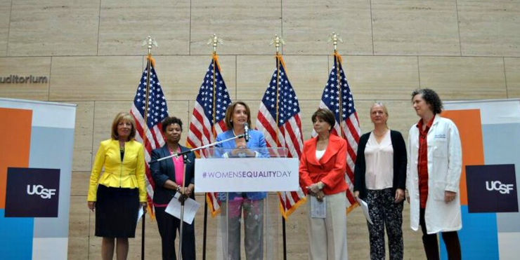 Nancy Pelosi, Anna Eshoo, Barbara Lee, and Jackie Speier speaking at a UCSF Womens Equality Day event