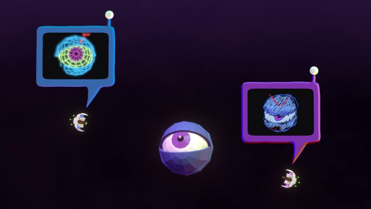 Two drone-like objects showing different perspectives on a computer-generated eyeball as they circle it